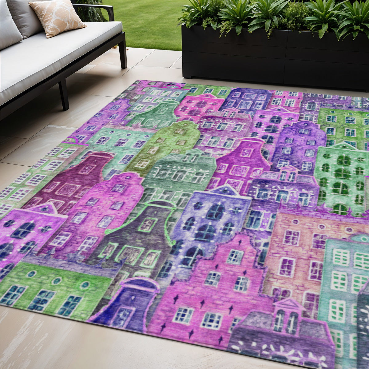 5' X 8' Purple Lilac And Green Village Houses Washable Indoor Outdoor Area Rug