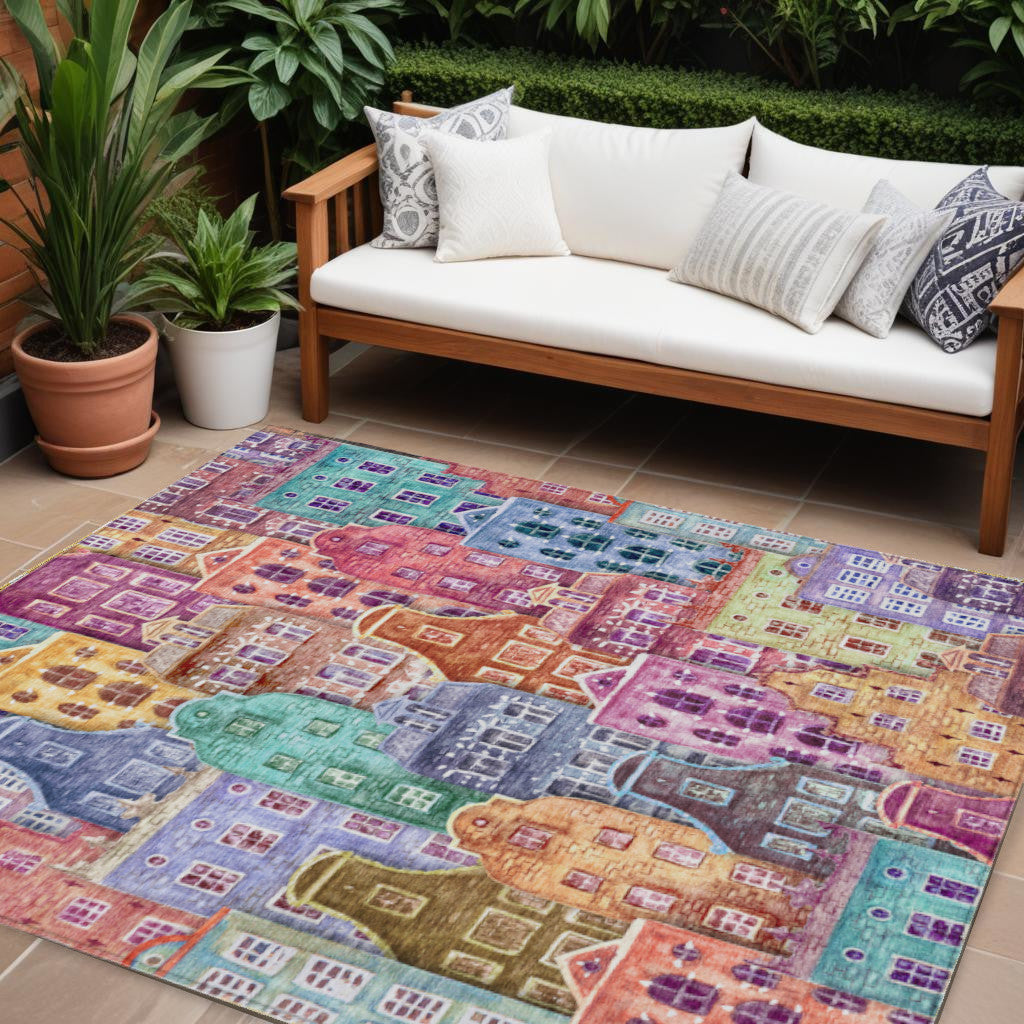 9' X 12' Red Gold And Teal Blue Village Houses Washable Indoor Outdoor Area Rug