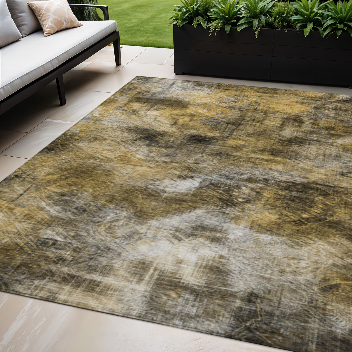 5' X 8' Brown Beige And Gold Abstract Washable Indoor Outdoor Area Rug