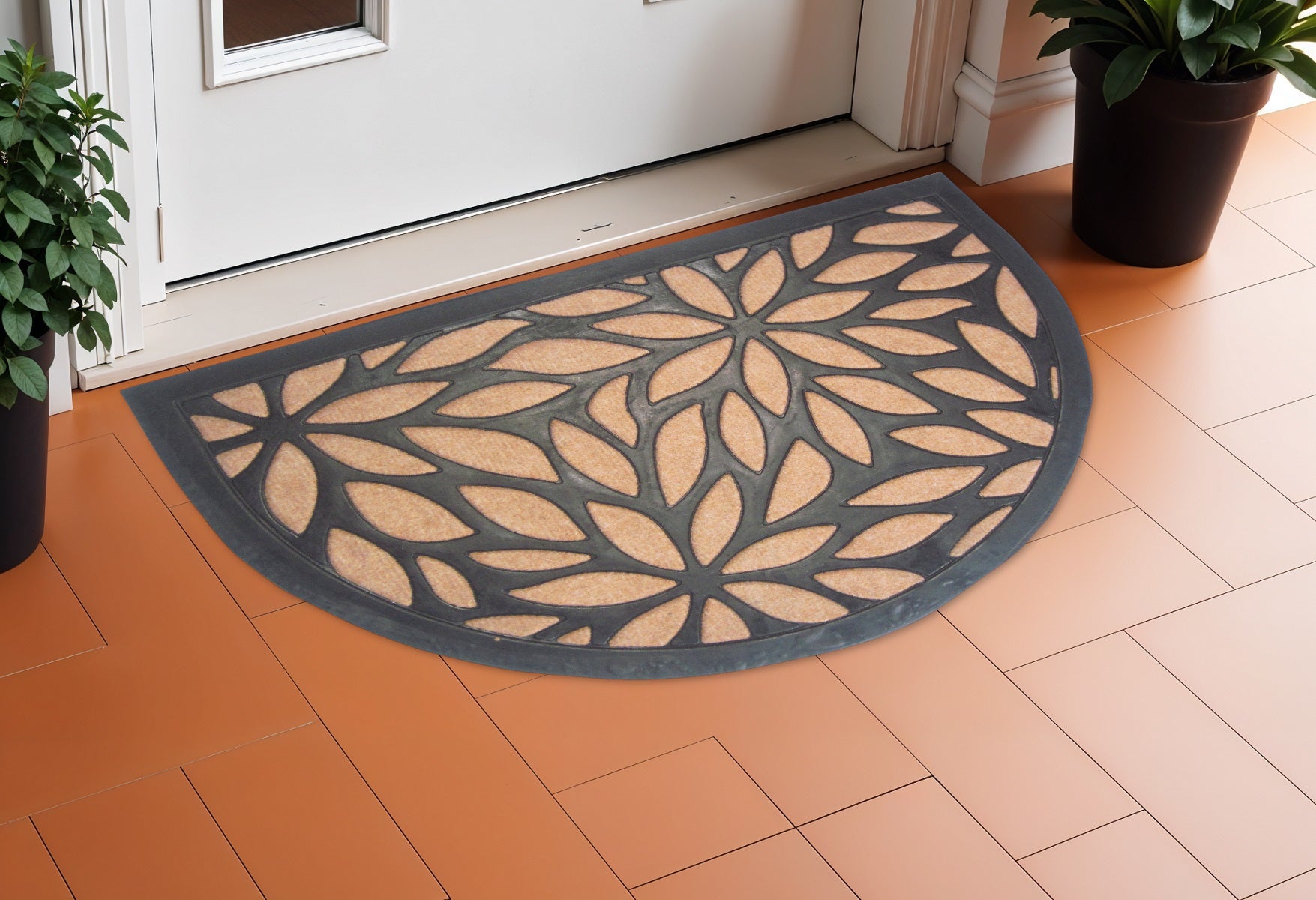 24'' X 36'' Black And Brown Rubber and Coir Abstract Outdoor Semi Circle Door Mat