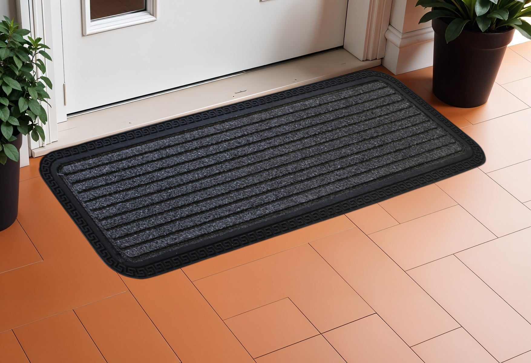 10'' X 30'' Gray Synthetic Fiber Striped Outdoor Door Mat
