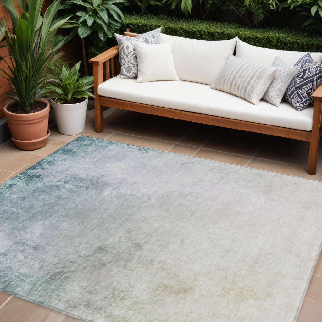 10' X 14' Beige Sky Blue And Teal Blue Ombre Washable Indoor Outdoor Area Rug