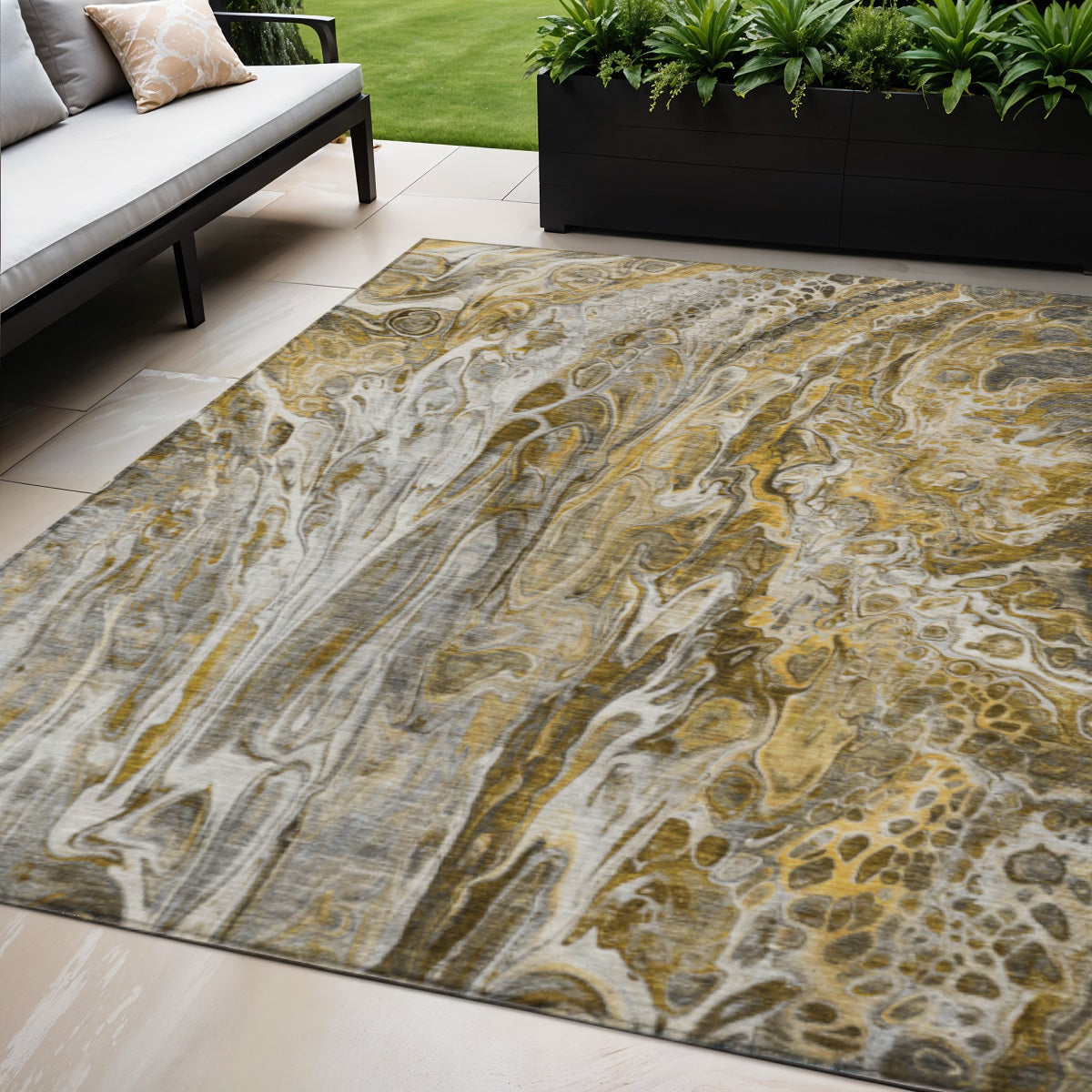 5' X 8' Brown Taupe And Gold Abstract Washable Indoor Outdoor Area Rug