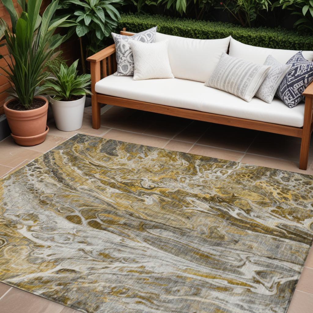 9' X 12' Brown Taupe And Gold Abstract Washable Indoor Outdoor Area Rug