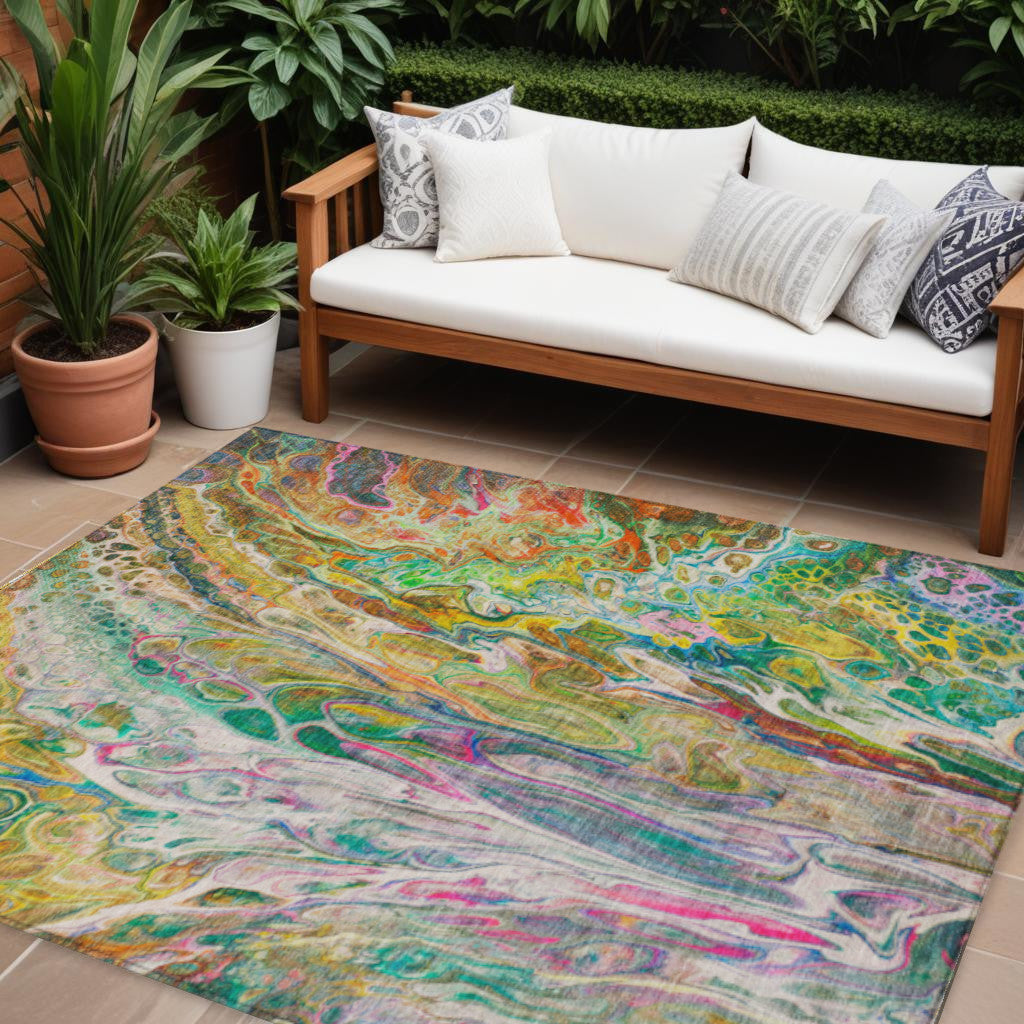 9' X 12' Green Gold And White Abstract Washable Indoor Outdoor Area Rug