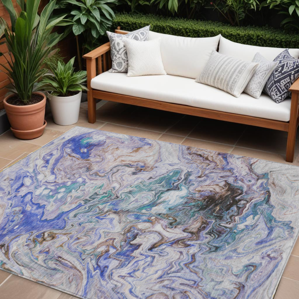 10' X 14' Beige Blue And Taupe Abstract Washable Indoor Outdoor Area Rug