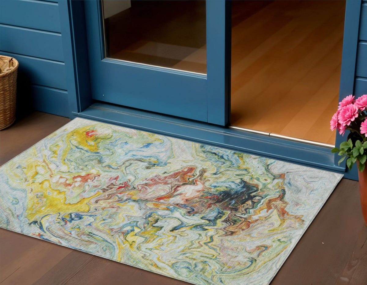 3' X 5' Ivory Blue And Yellow Abstract Washable Indoor Outdoor Area Rug