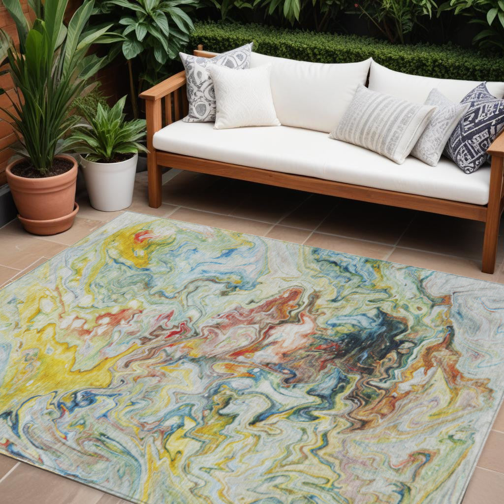 9' X 12' Ivory Blue And Yellow Abstract Washable Indoor Outdoor Area Rug