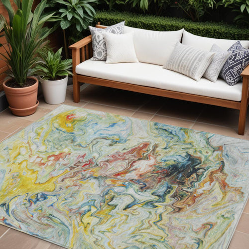 10' X 14' Ivory Blue And Yellow Abstract Washable Indoor Outdoor Area Rug