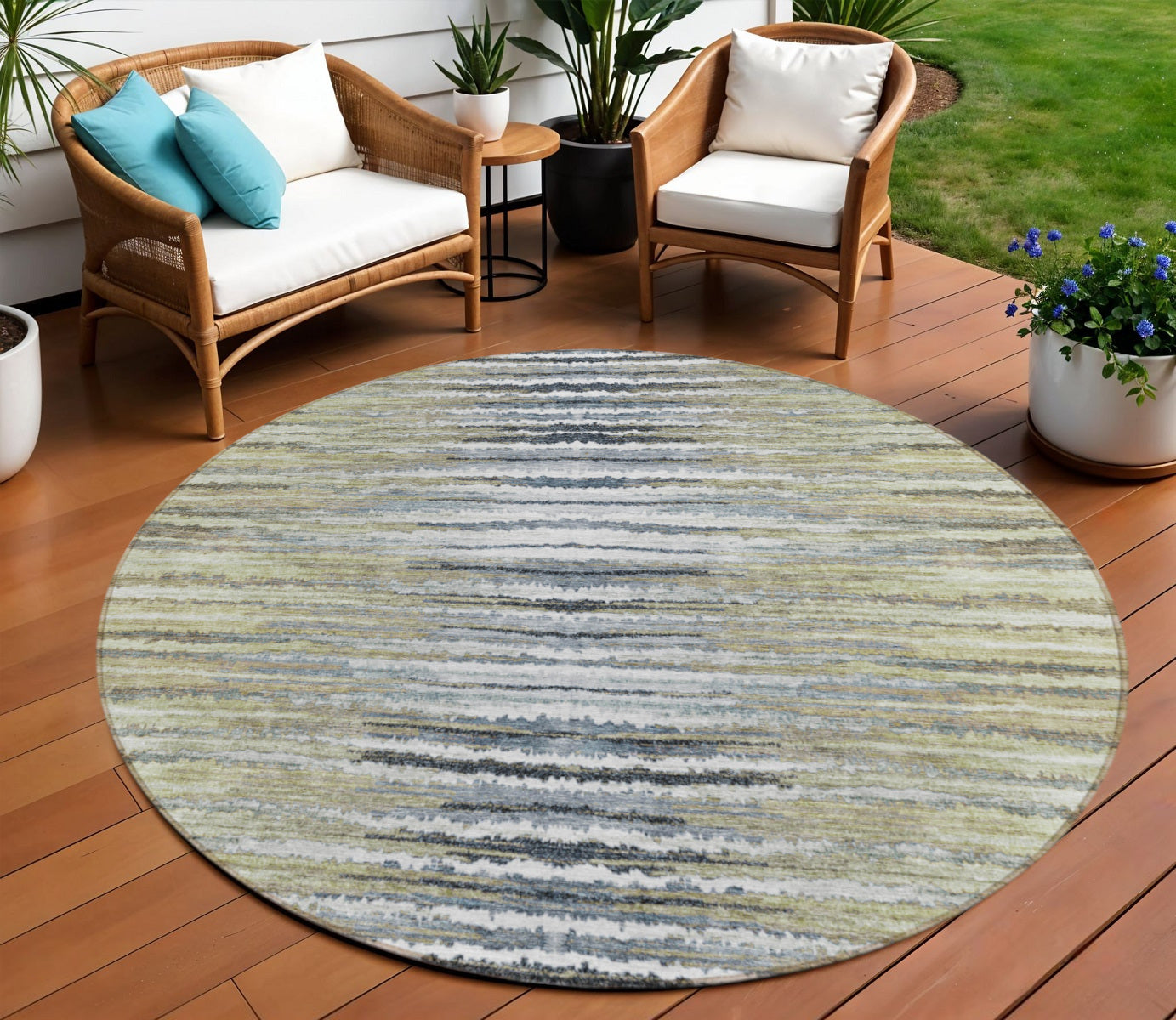 8' Beige Tan And Taupe Round Striped Washable Indoor Outdoor Area Rug