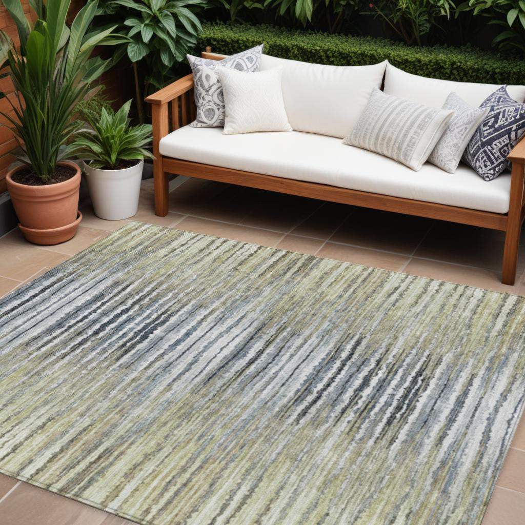 10' X 14' Beige Tan And Taupe Striped Washable Indoor Outdoor Area Rug