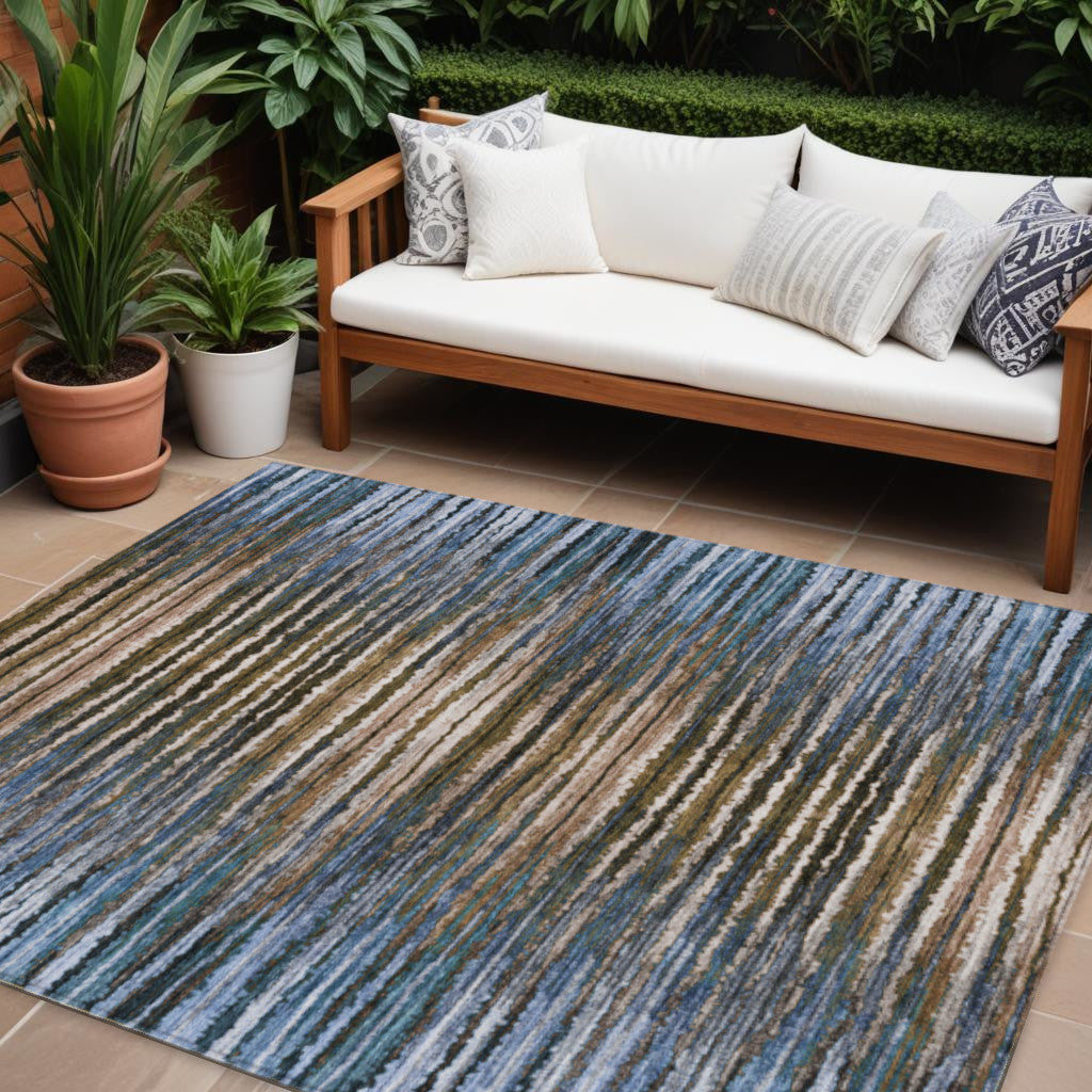 10' X 14' Blue Brown And Sky Blue Striped Washable Indoor Outdoor Area Rug