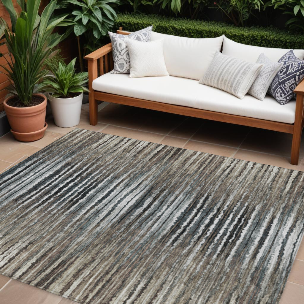10' X 14' Brown Taupe And Chocolate Striped Washable Indoor Outdoor Area Rug