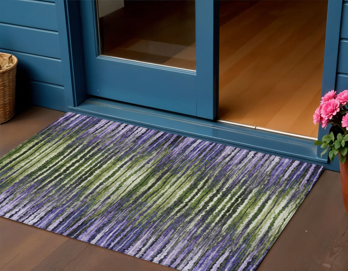 3' X 5' Purple Lilac And Lavender Striped Washable Indoor Outdoor Area Rug