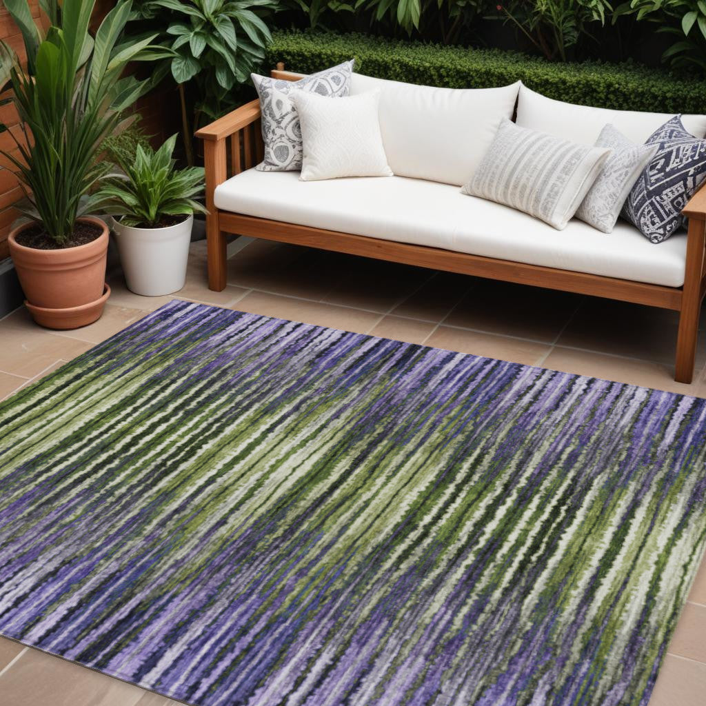 9' X 12' Purple Lilac And Lavender Striped Washable Indoor Outdoor Area Rug