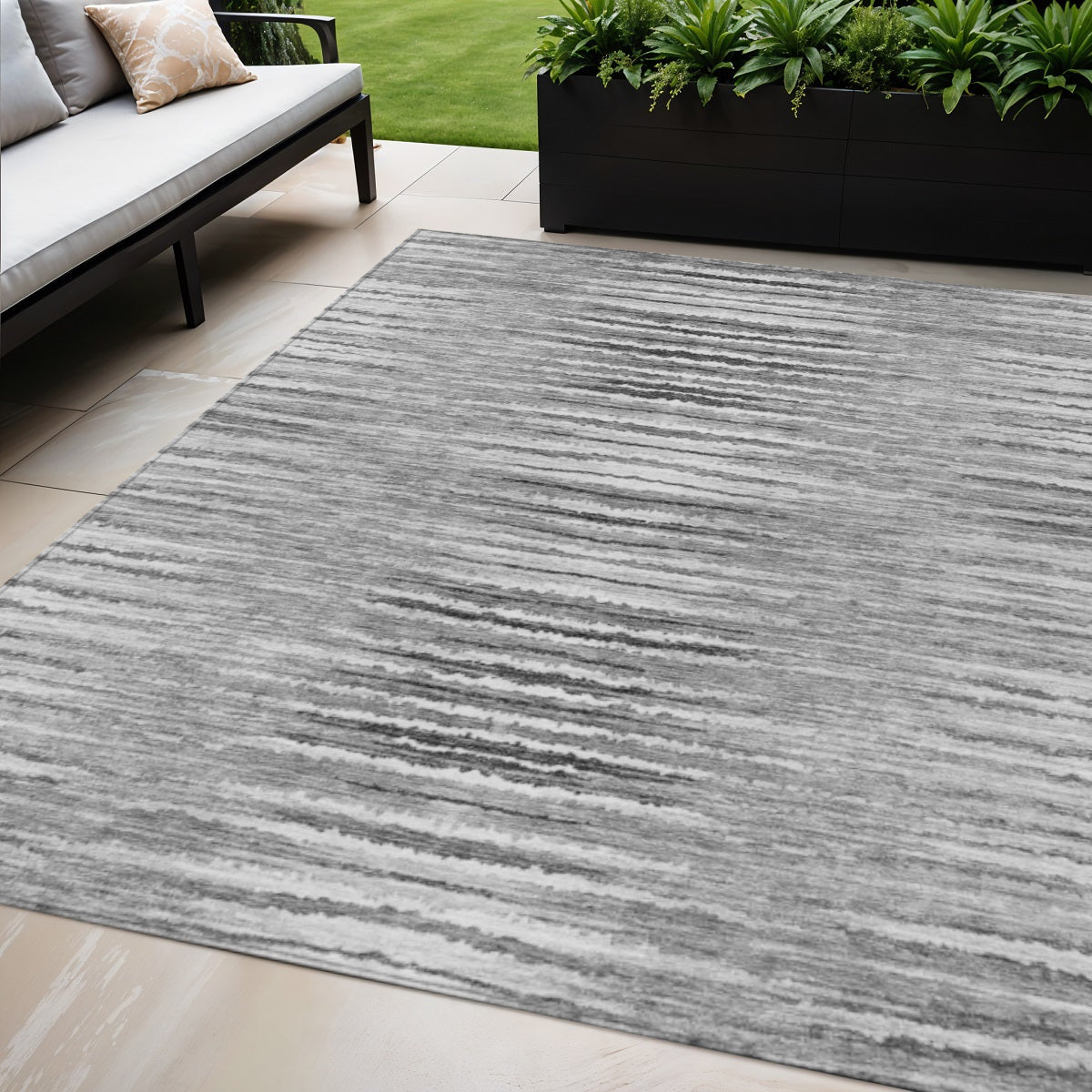 5' X 8' Silver Gray And Charcoal Striped Washable Indoor Outdoor Area Rug