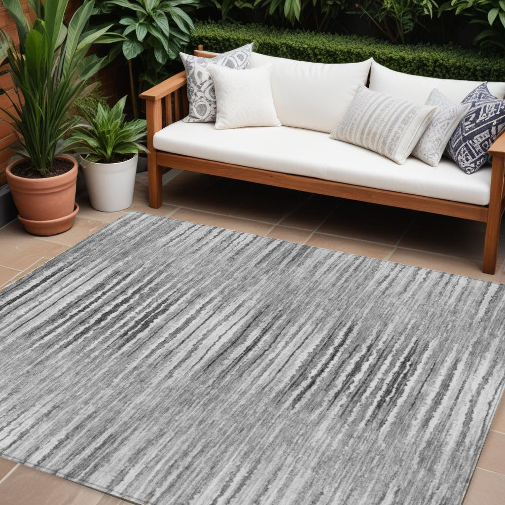 9' X 12' Silver Gray And Charcoal Striped Washable Indoor Outdoor Area Rug