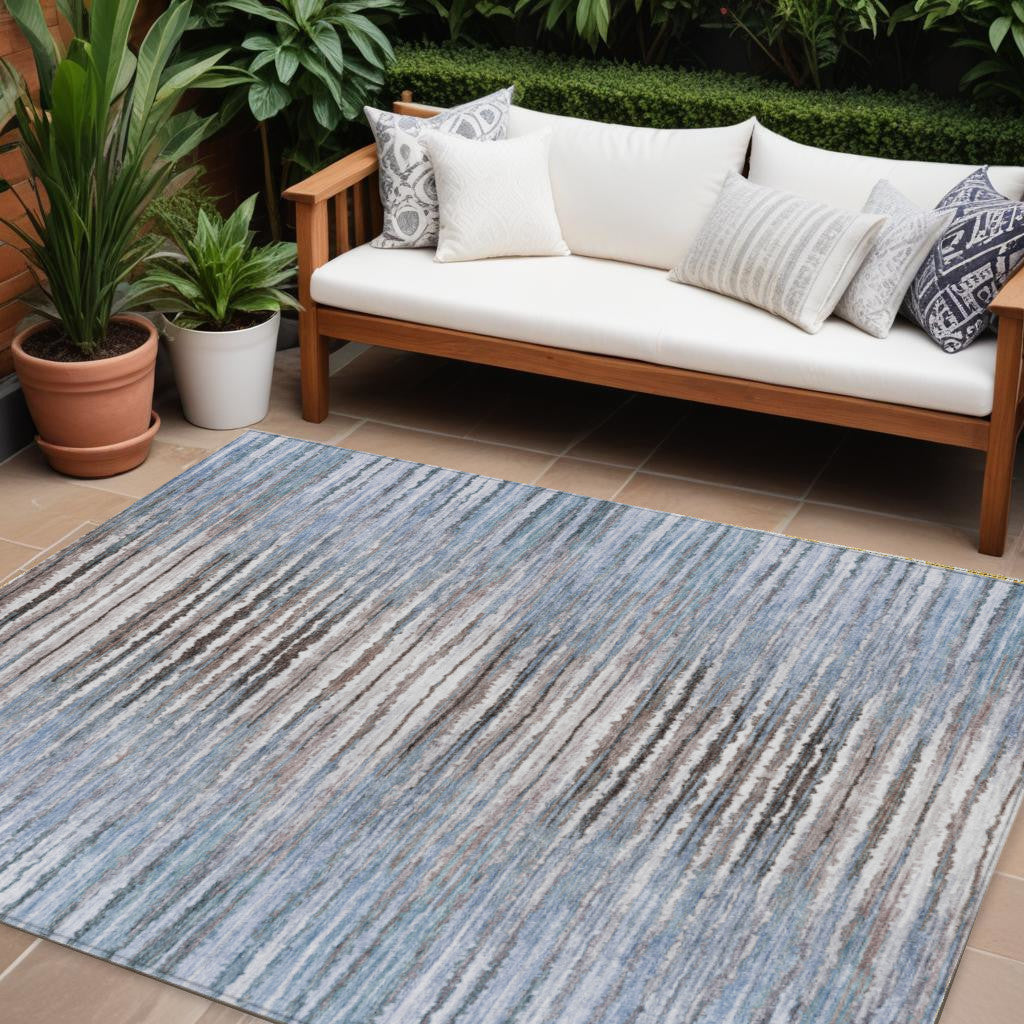 9' X 12' Sky Blue And Denim Blue Striped Washable Indoor Outdoor Area Rug