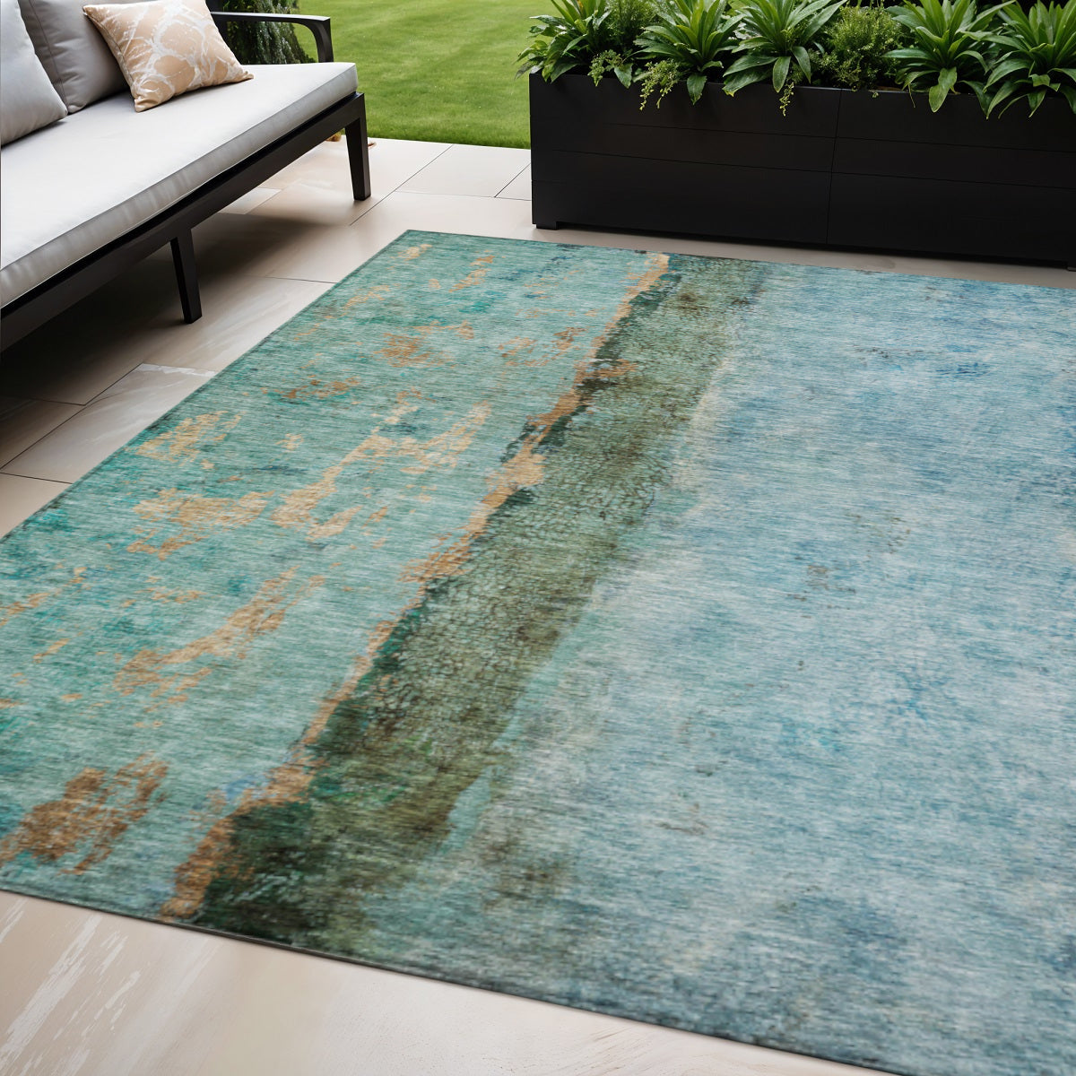 5' X 8' Blue And Gold Abstract Washable Indoor Outdoor Area Rug