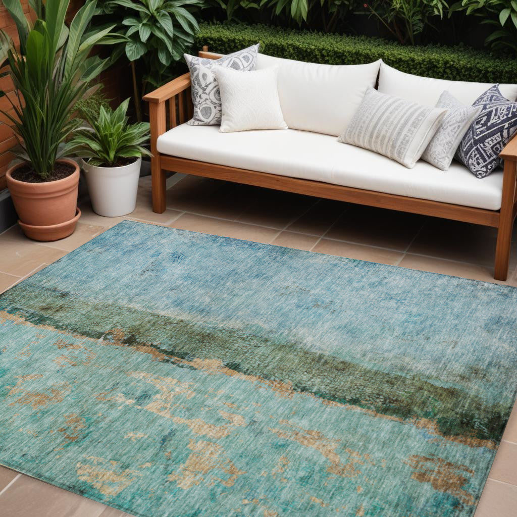 10' X 14' Blue And Gold Abstract Washable Indoor Outdoor Area Rug