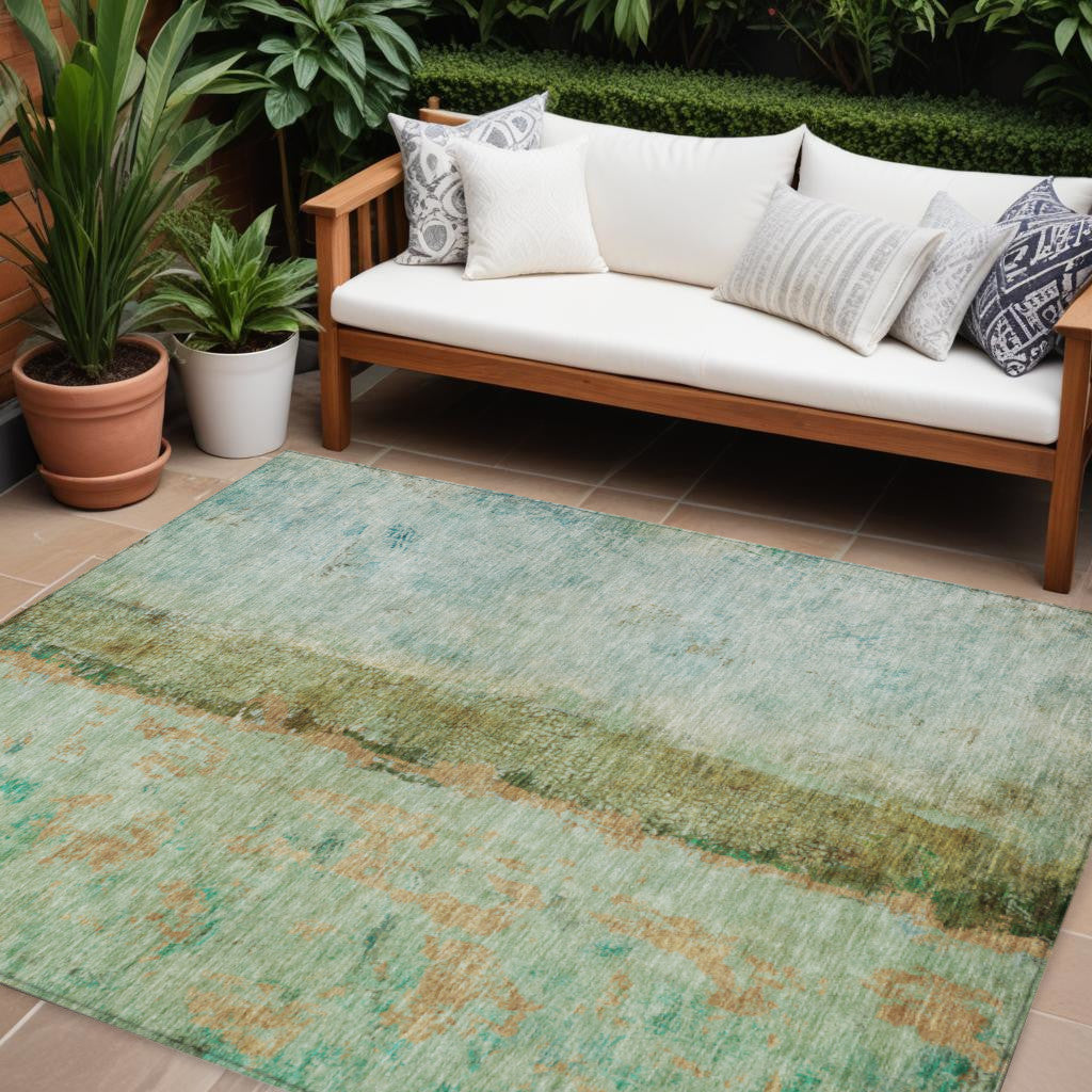 9' X 12' Olive Green And Blue Abstract Washable Indoor Outdoor Area Rug