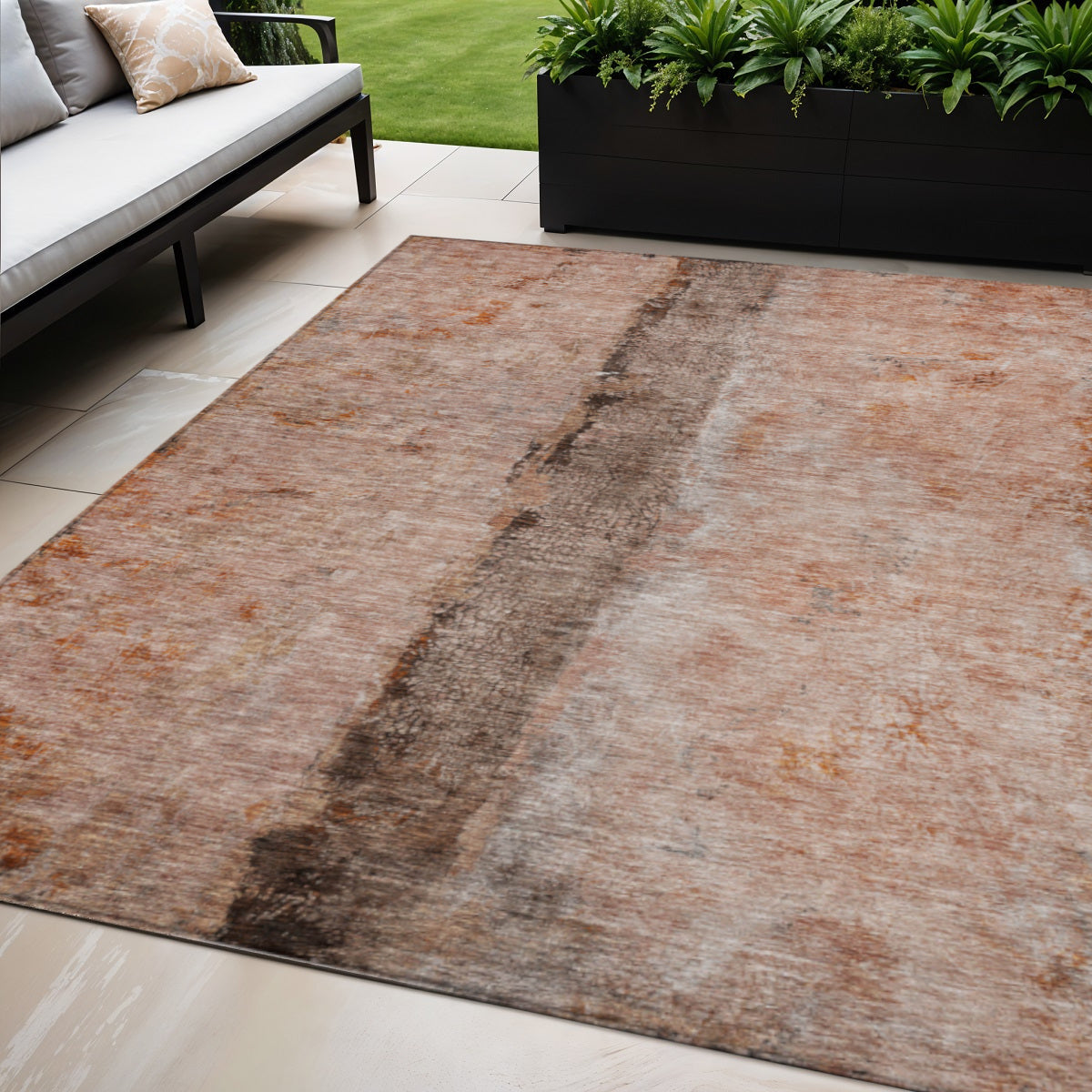 5' X 8' Orange Peach And Brown Abstract Washable Indoor Outdoor Area Rug