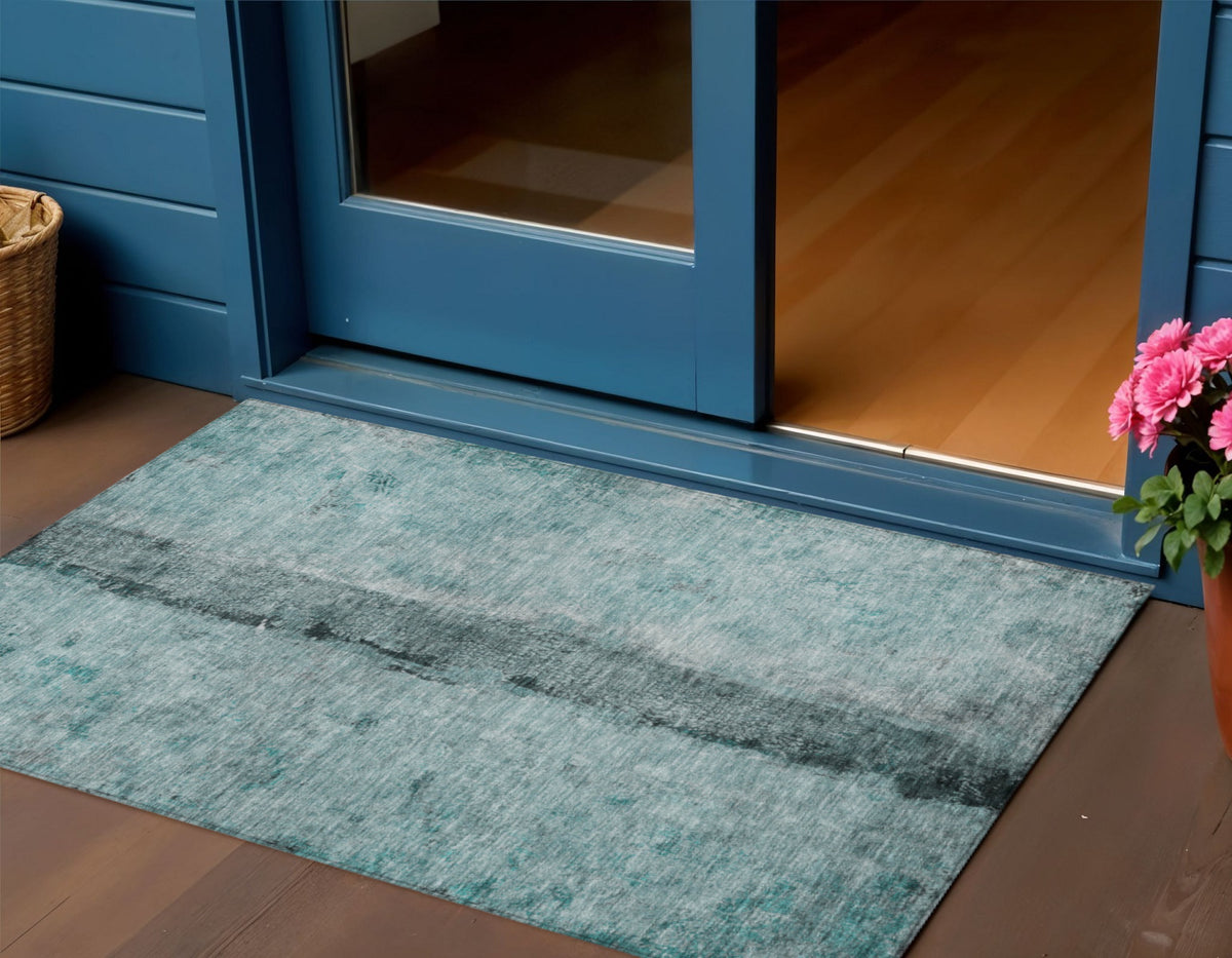 3' X 5' Teal Blue Aqua And Charcoal Abstract Washable Indoor Outdoor Area Rug