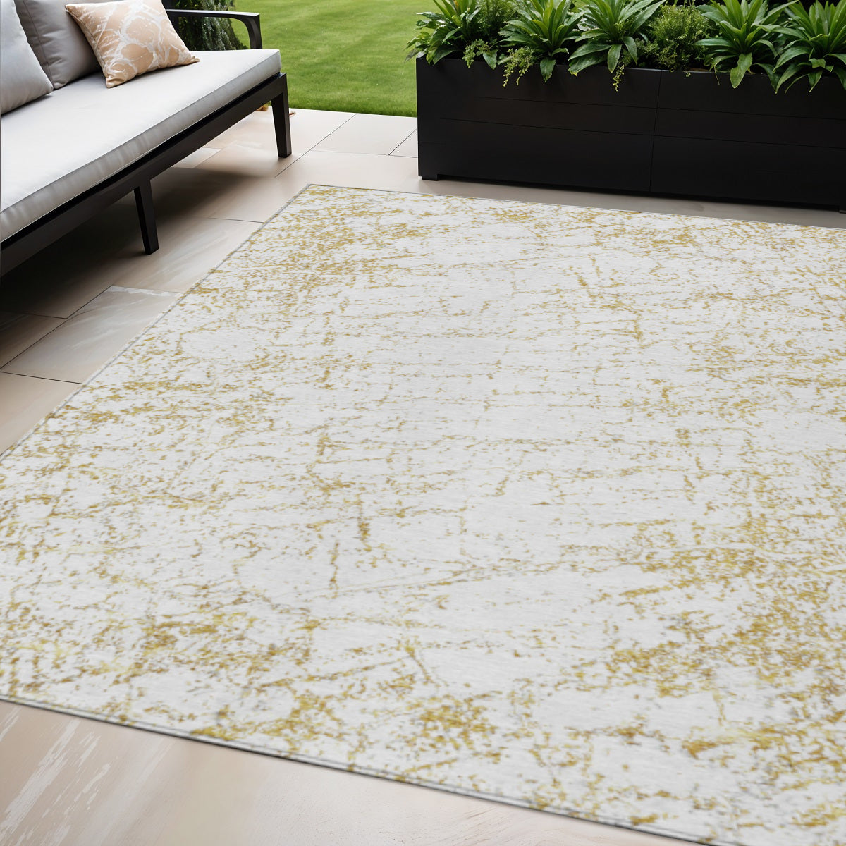 5' X 8' Gold And Ivory Abstract Washable Indoor Outdoor Area Rug