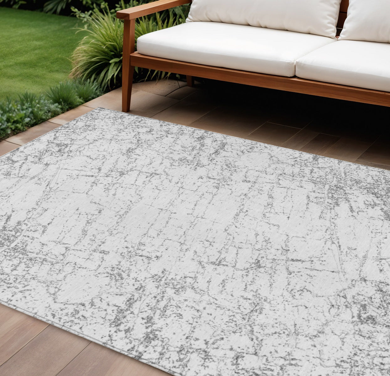 9' X 12' Gray And Ivory Abstract Washable Indoor Outdoor Area Rug