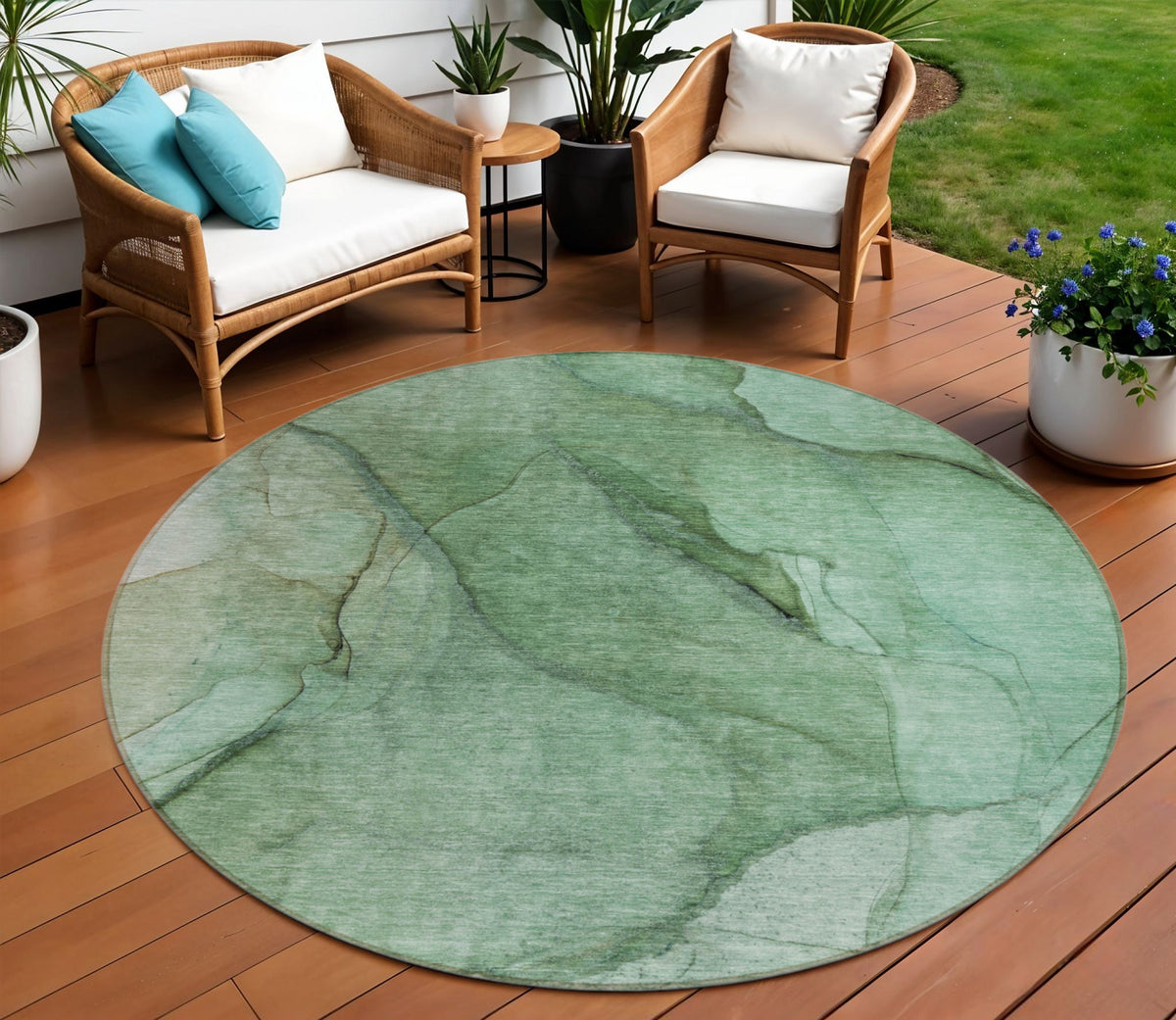 8' Green And Sage Round Abstract Washable Indoor Outdoor Area Rug