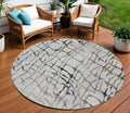 8' Silver Gray And Charcoal Round Abstract Washable Indoor Outdoor Area Rug
