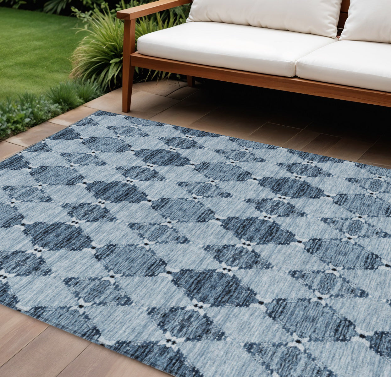 9' X 12' Navy Blue And Denim Blue Moroccan Washable Indoor Outdoor Area Rug