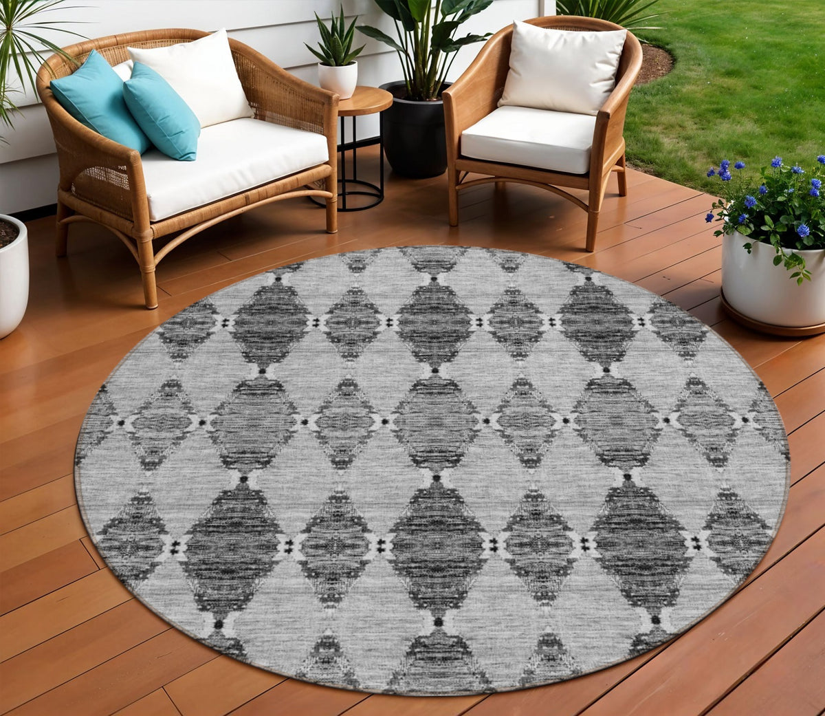 8' Gray Charcoal And Silver Round Moroccan Washable Indoor Outdoor Area Rug