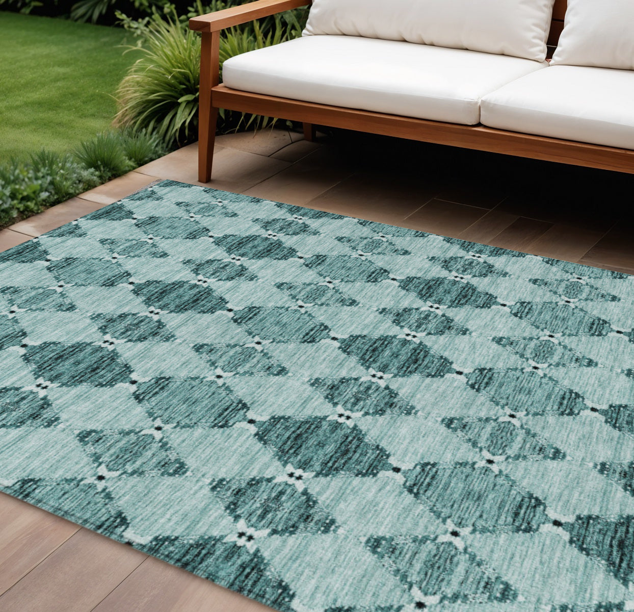 9' X 12' Teal Blue Aqua And Charcoal Moroccan Washable Indoor Outdoor Area Rug
