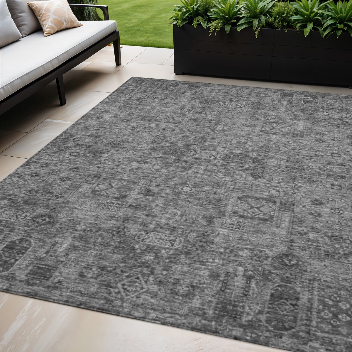 5' X 8' Charcoal And Silver Floral Washable Indoor Outdoor Area Rug