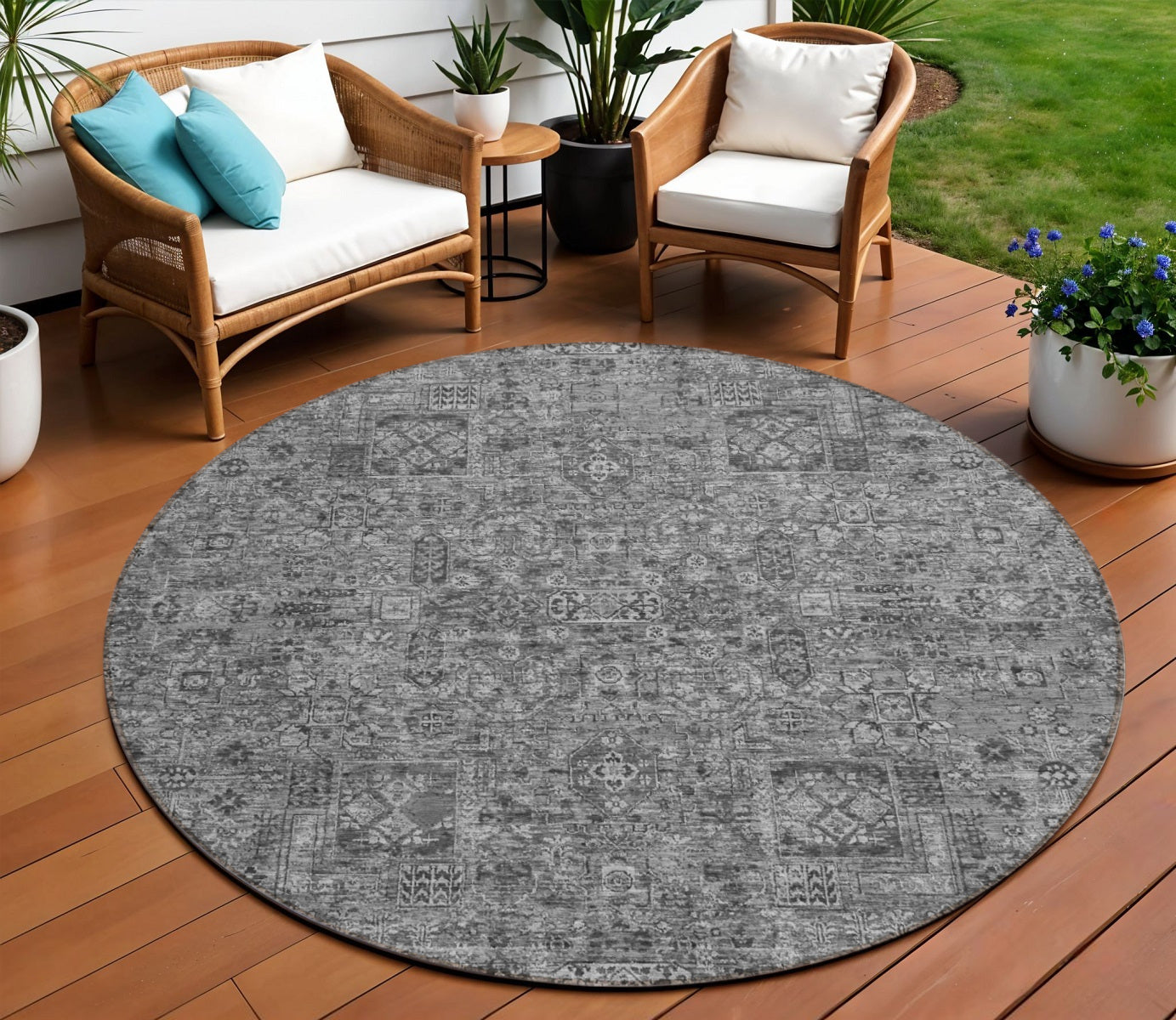 8' Charcoal And Silver Round Floral Washable Indoor Outdoor Area Rug