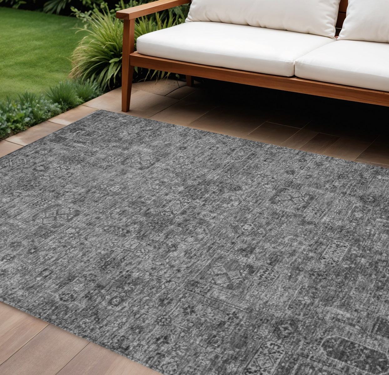 9' X 12' Charcoal And Silver Floral Washable Indoor Outdoor Area Rug