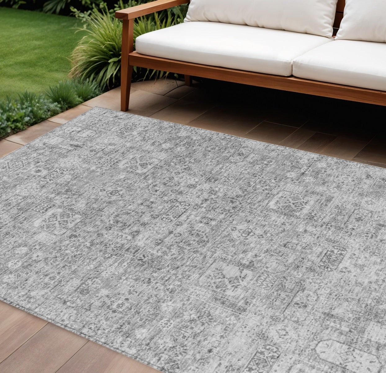 9' X 12' Gray Silver And Charcoal Floral Washable Indoor Outdoor Area Rug