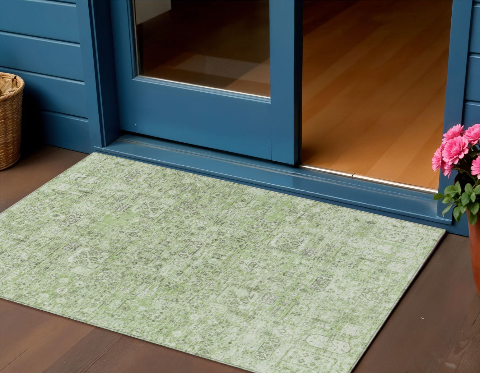 3' X 5' Artichoke Green And Olive Green Floral Washable Indoor Outdoor Area Rug