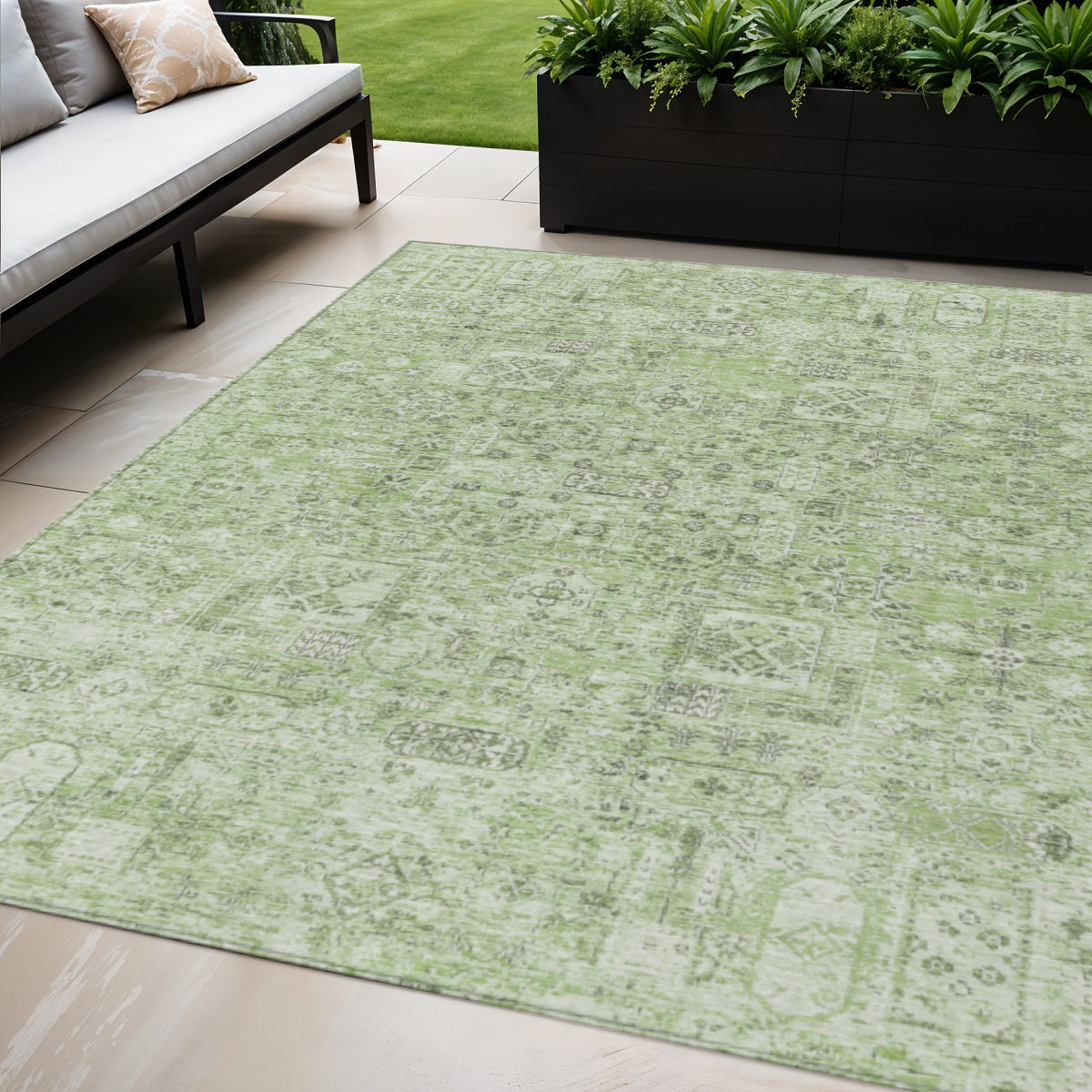 5' X 8' Artichoke Green And Olive Green Floral Washable Indoor Outdoor Area Rug