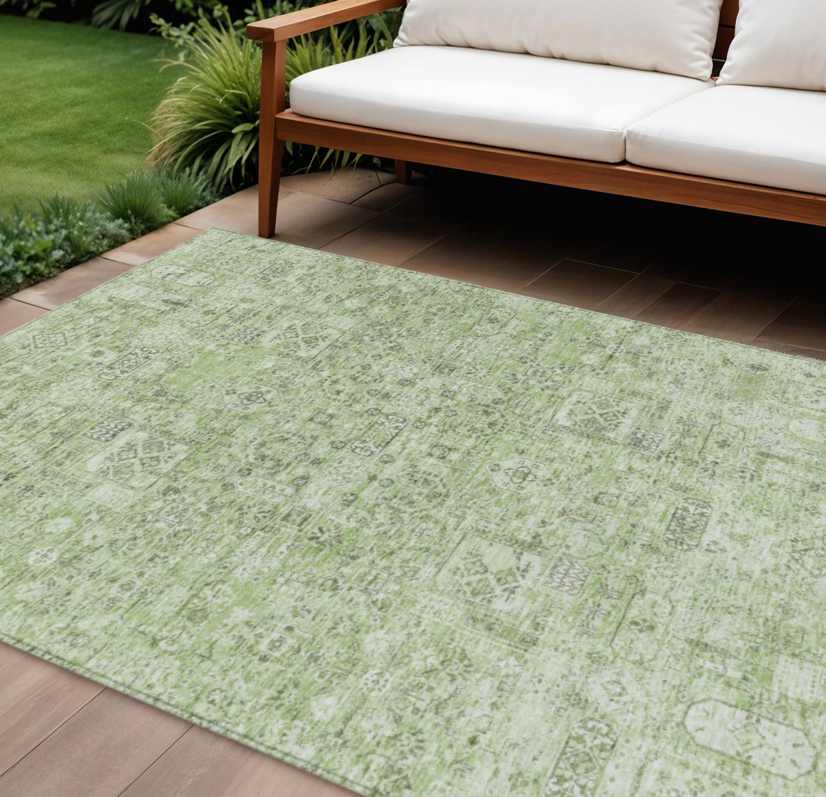 9' X 12' Artichoke Green And Olive Green Floral Washable Indoor Outdoor Area Rug