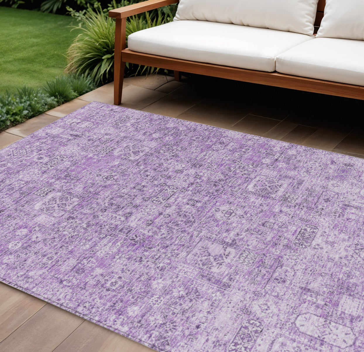 9' X 12' Lilac And Purple Floral Washable Indoor Outdoor Area Rug