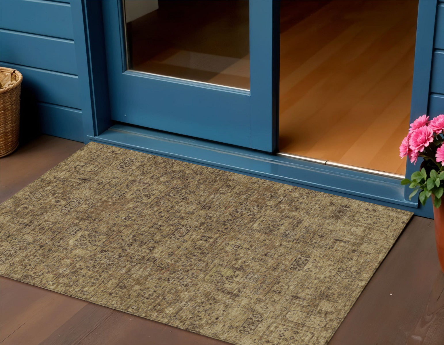 3' X 5' Brown And Taupe Floral Washable Indoor Outdoor Area Rug
