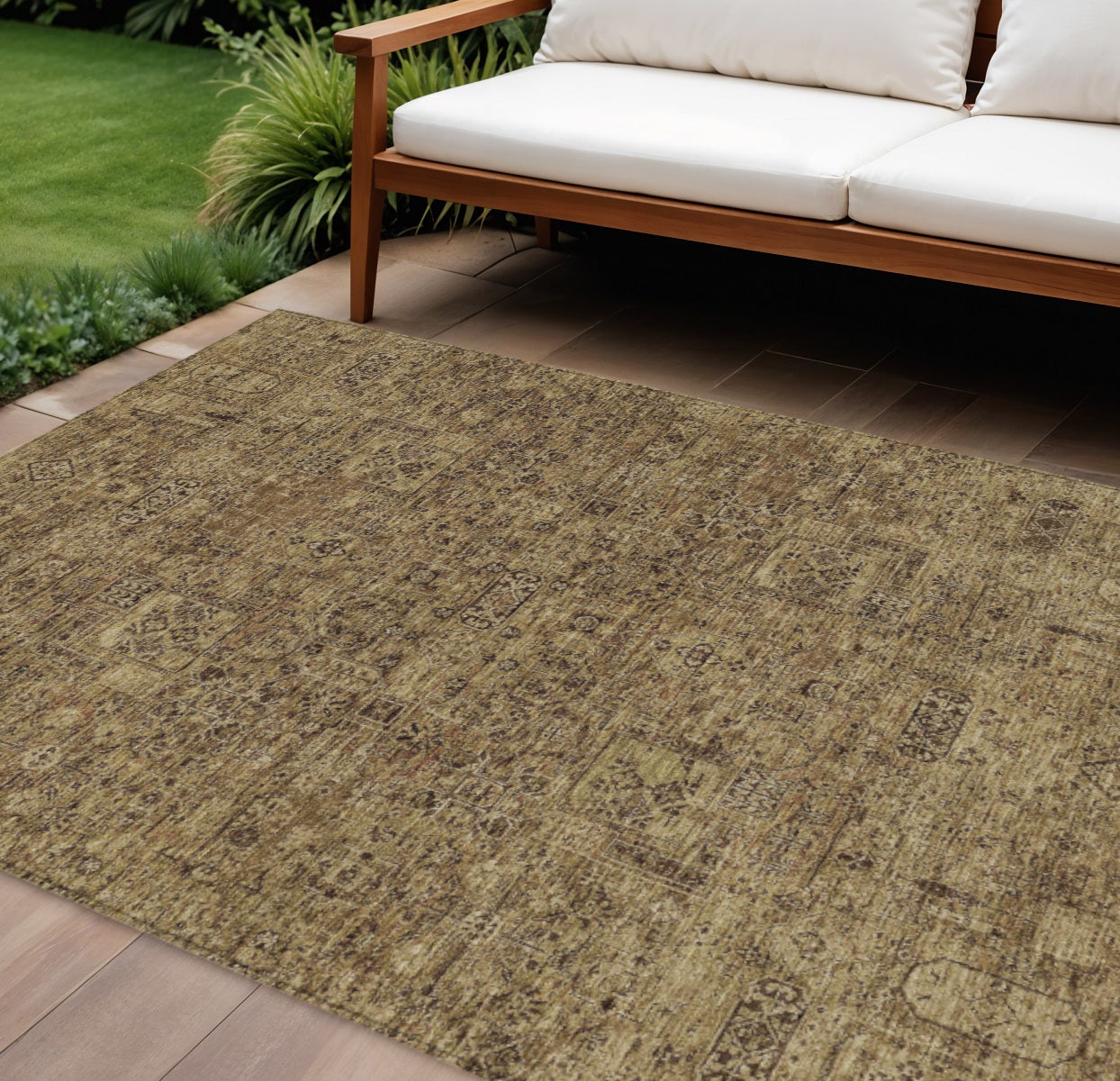 10' X 14' Brown And Taupe Floral Washable Indoor Outdoor Area Rug