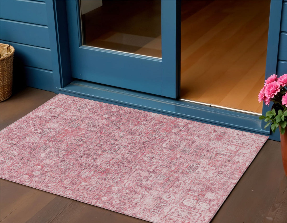 3' X 5' Pink Blush And Charcoal Floral Washable Indoor Outdoor Area Rug