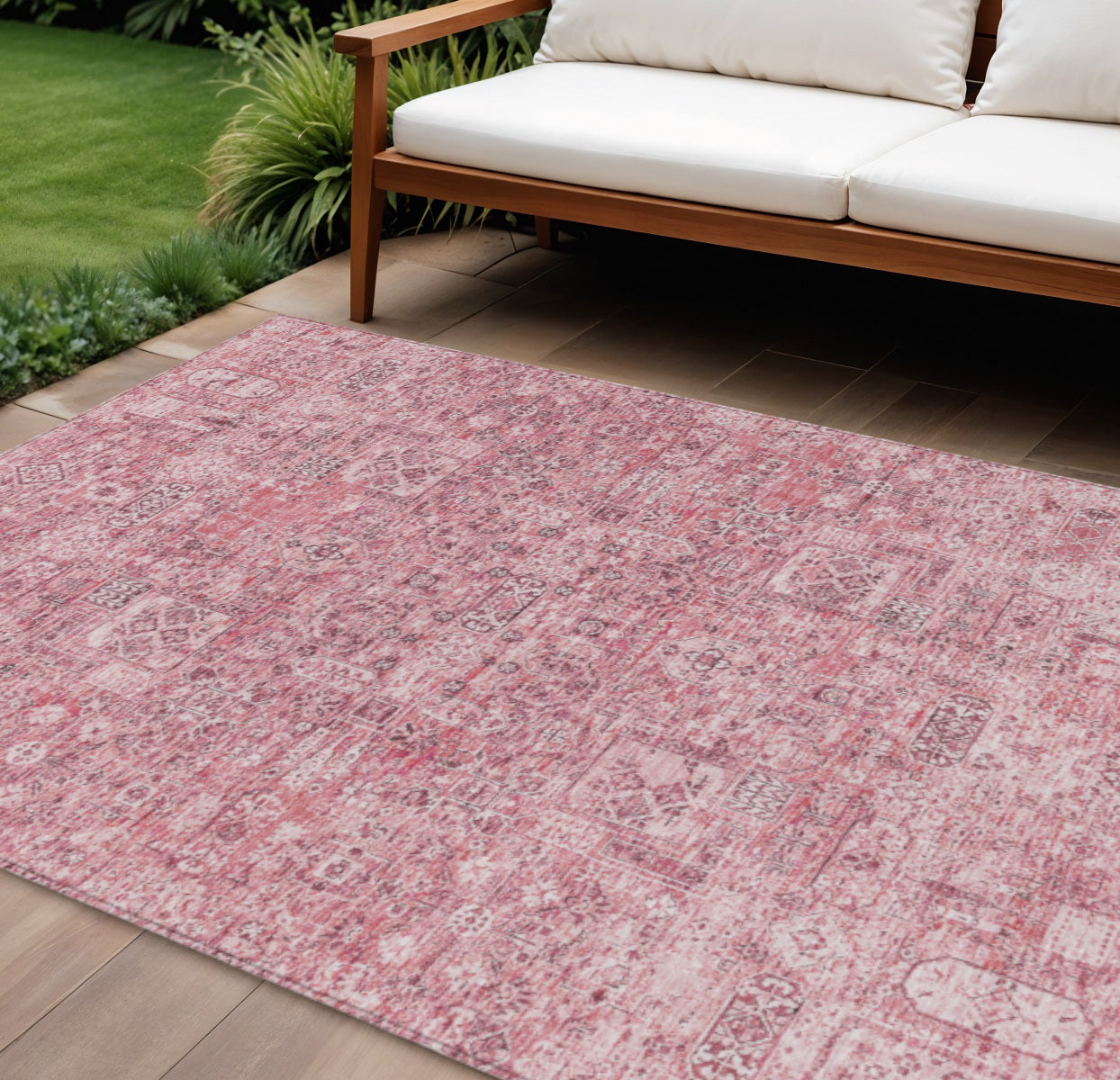 9' X 12' Pink Blush And Charcoal Floral Washable Indoor Outdoor Area Rug
