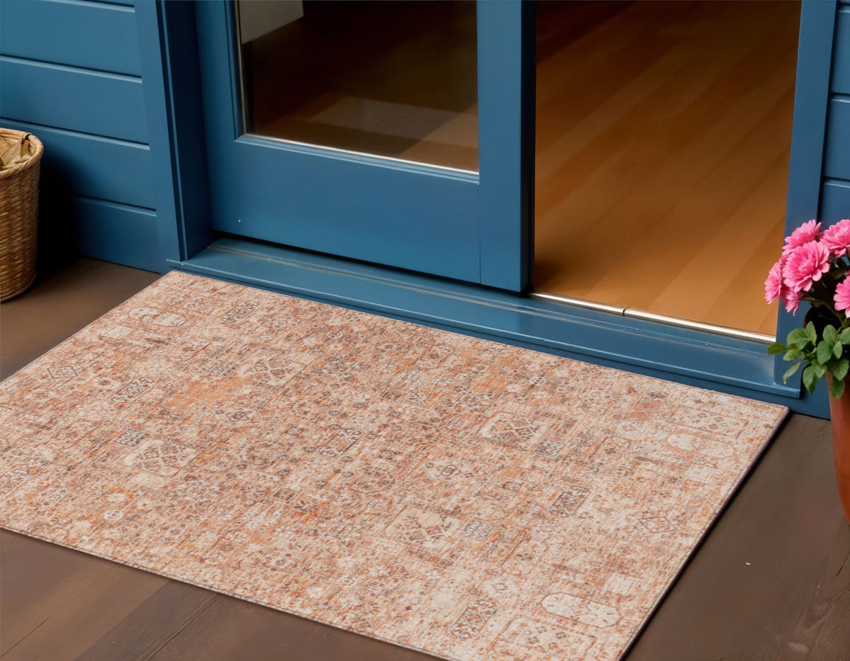 3' X 5' Salmon Orange And Gray Floral Washable Indoor Outdoor Area Rug
