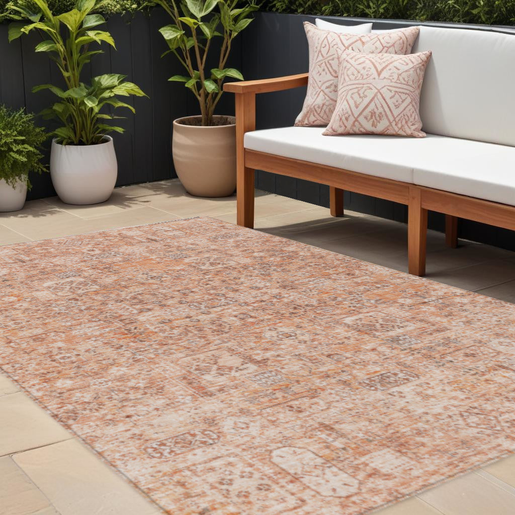 9' X 12' Salmon Orange And Gray Floral Washable Indoor Outdoor Area Rug