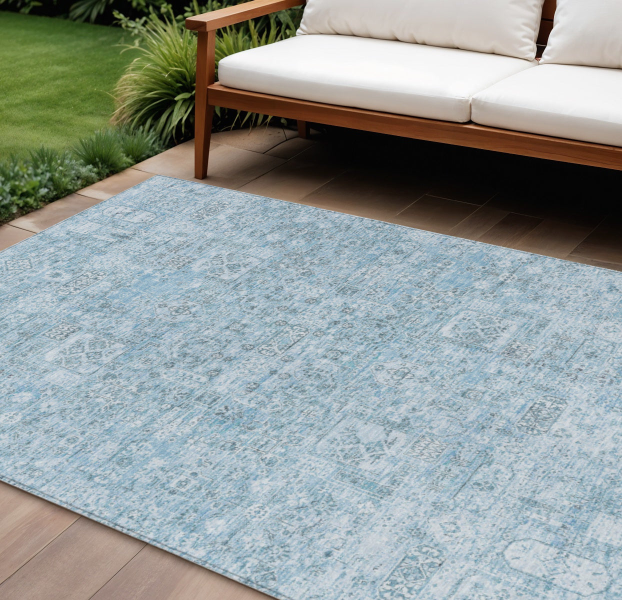 9' X 12' Sky Blue And Denim Blue Floral Washable Indoor Outdoor Area Rug