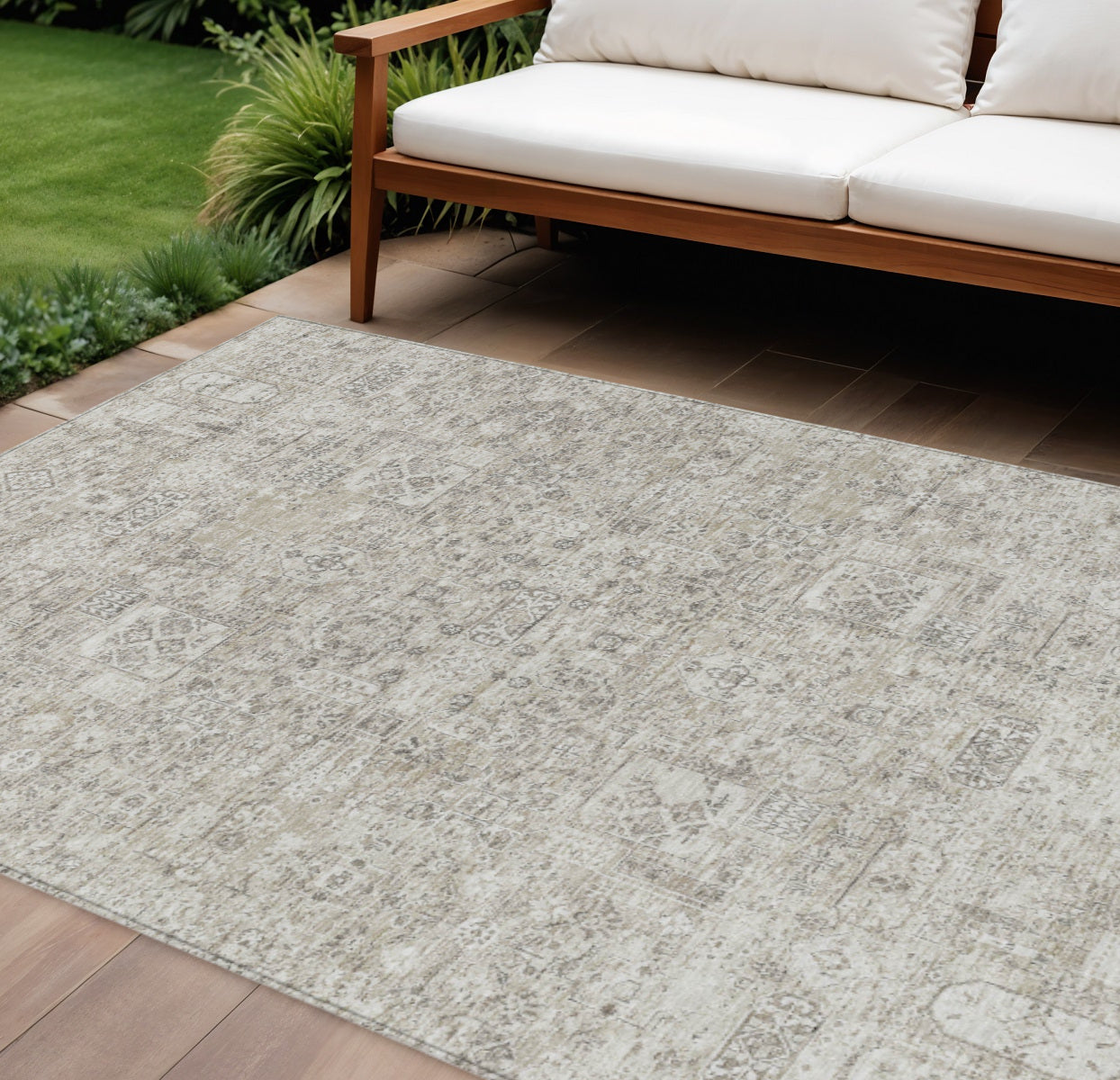 9' X 12' Taupe Beige And Gray Floral Washable Indoor Outdoor Area Rug